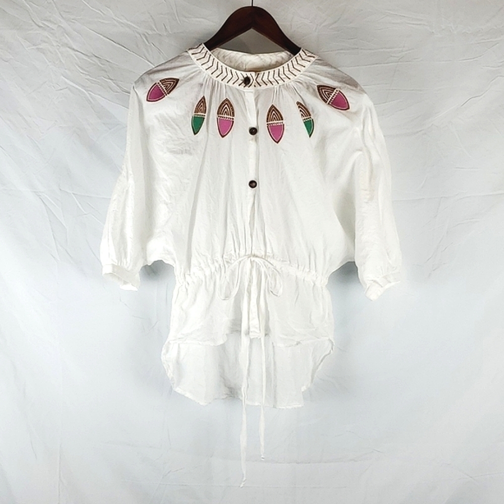 White Embroidered Peasant Blouse with Pink & Green Accents